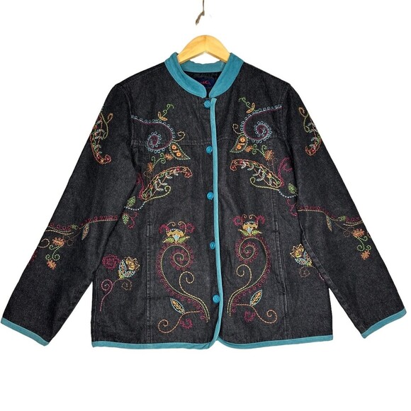 Vintage Denim & Co Denim Long Sleeve Button Up Jacket Size M Black Embroidered - Picture 2 of 15